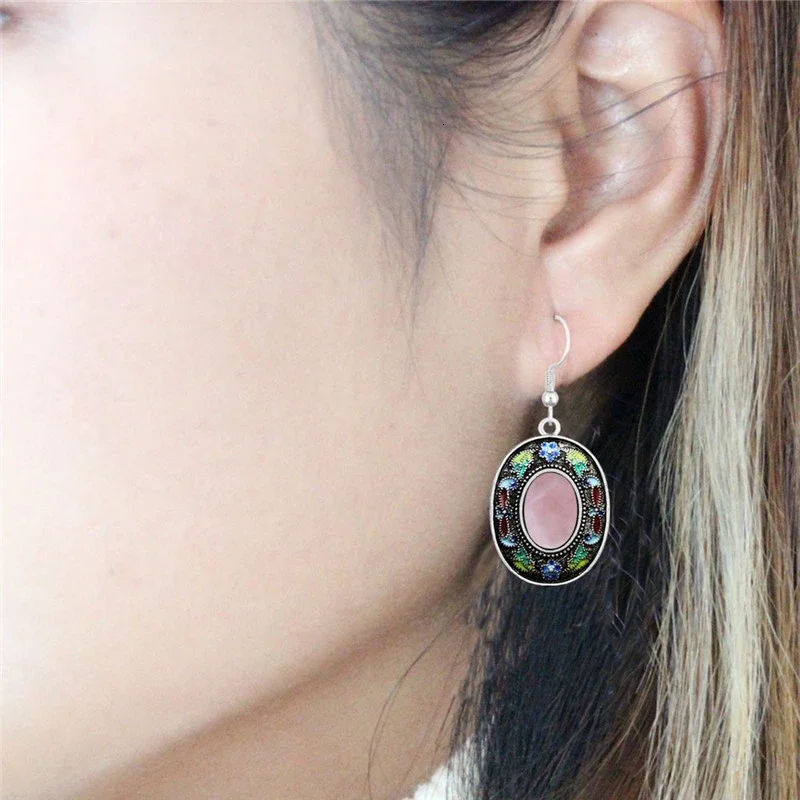 Vintage Oval Quartz Lapis Earrings For Women Bohemia Painting Craft Flower Plant Natural Stone Stainless Steel Hook Earring