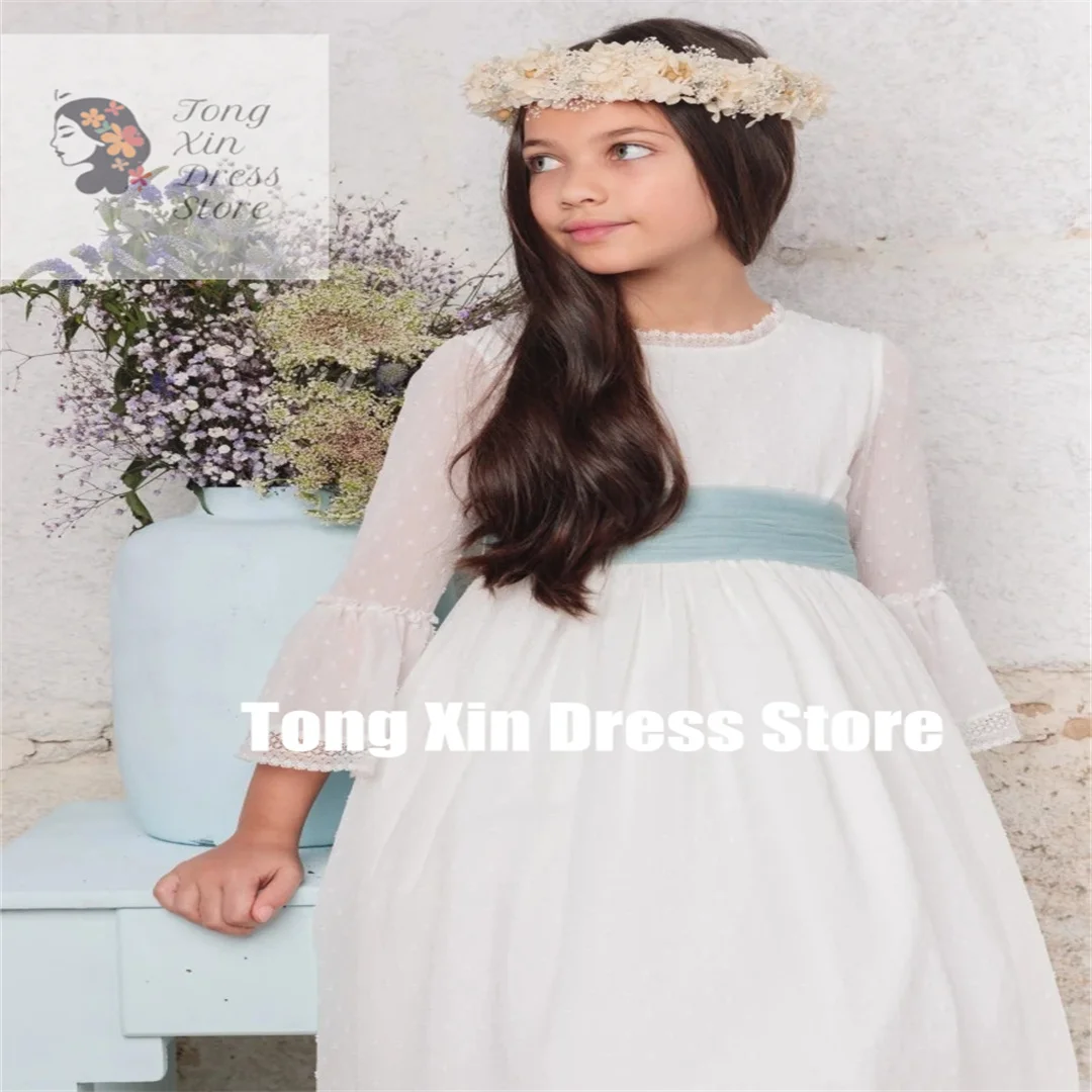 Customized Flower Girl Dresses White Tulle Wave Point Skirt With Blue Ribbon 3/4 Sleeve For Wedding Birthday Party Banquet Gowns