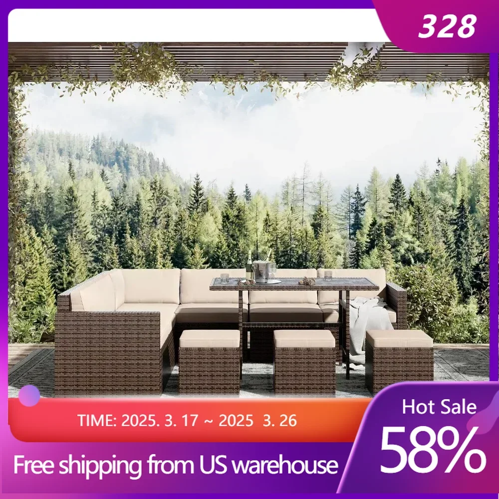 7 Piece Patio Furniture Set, Outdoor Furniture Patio Sectional Sofa PE Rattan Outdoor Sectional with Beige Cushions and Table