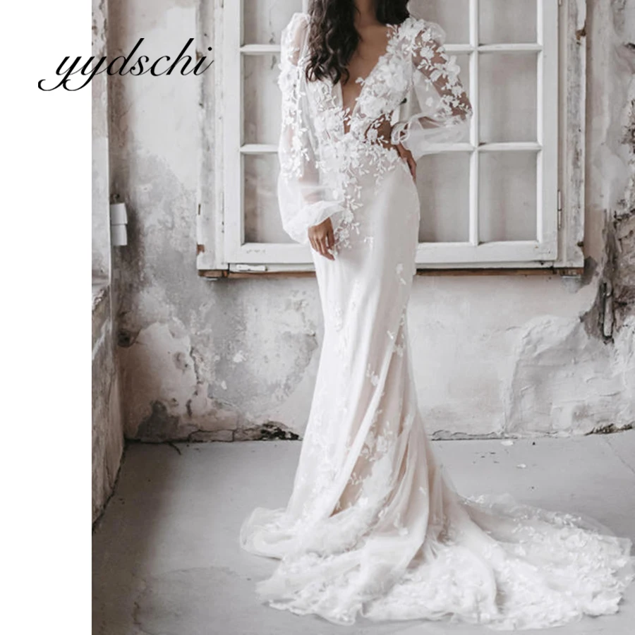 Customized Illusion Applique Wedding Dress Deep V-Neck Lace Backless Floor Length Train Full Sleeve Bridal Beach Dresses 2024