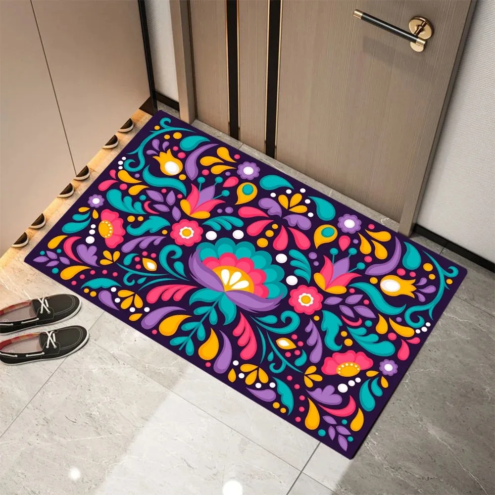 Bright Multi‑Color Folk Flower Area Rug, Black Background Vivid Ethnic Floral Pattern Carpet for Entryway and Indoor Home Decor