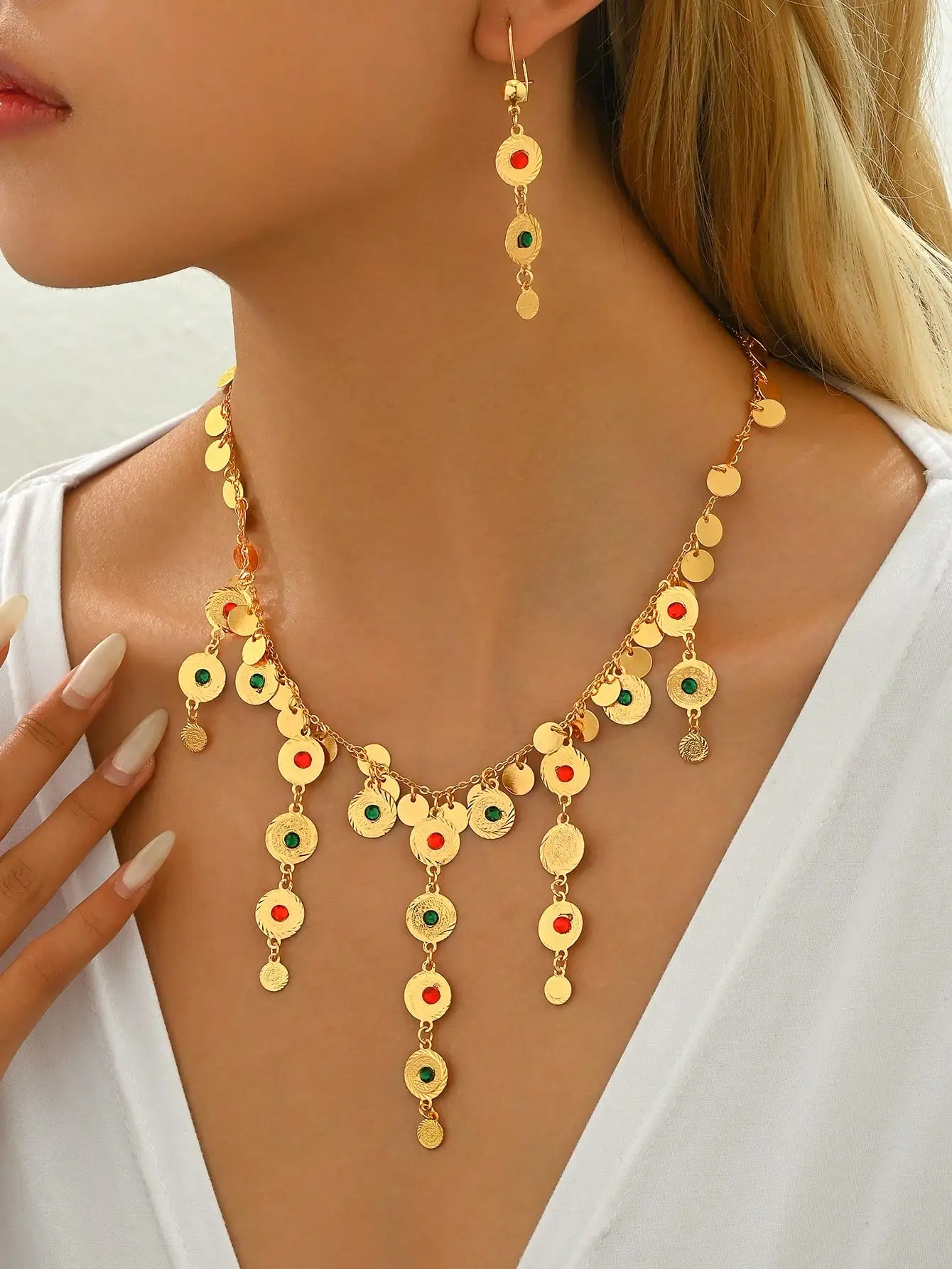 

Ruixi 3pcs/Set Gorgeous Bohemian Style Gold-Plated Coin & Tassel Crescent Moon Necklace and Earrings Bridal Party for Women