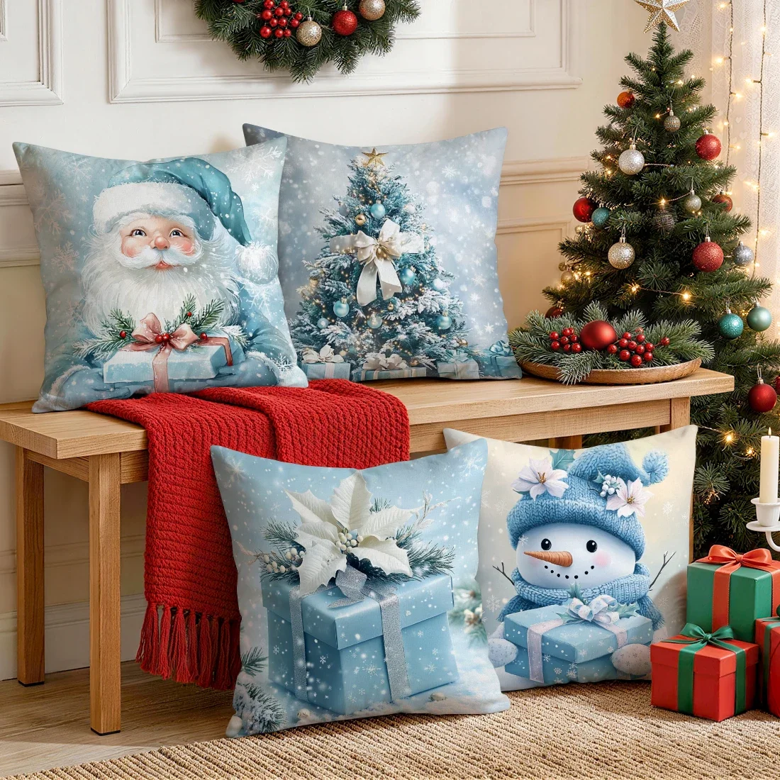 1pcs/4pcs Christmas Gift Box Cushions Pillowcase Polyester Cushion Cover Throw Pillow Pillowcover Home Car Sofa Decor