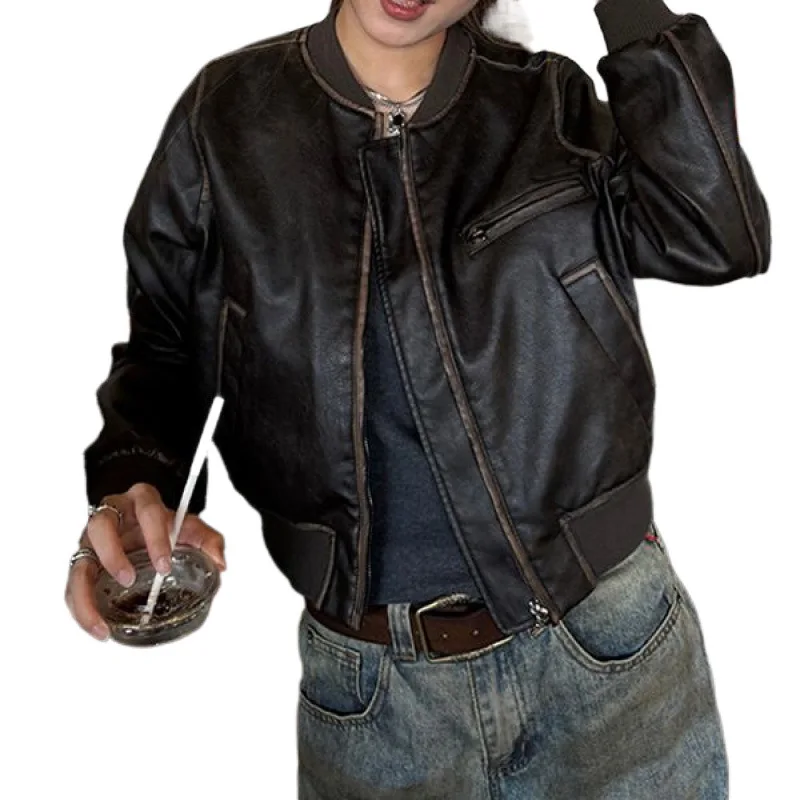 Abrigos y chaquetas nuevas para mujer, chaqueta de cuero de motocicleta antigua limpia a mano, Top corto Retro marrón, abrigo informal holgado con cremallera, ropa femenina