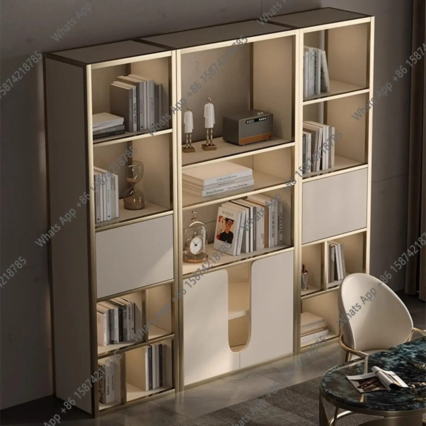 ALiving Room Stainless Steel Bookshelf Shelf Floor-to-ceiling Office Study Simple Modern Bookcase Light Luxury High-end Locker