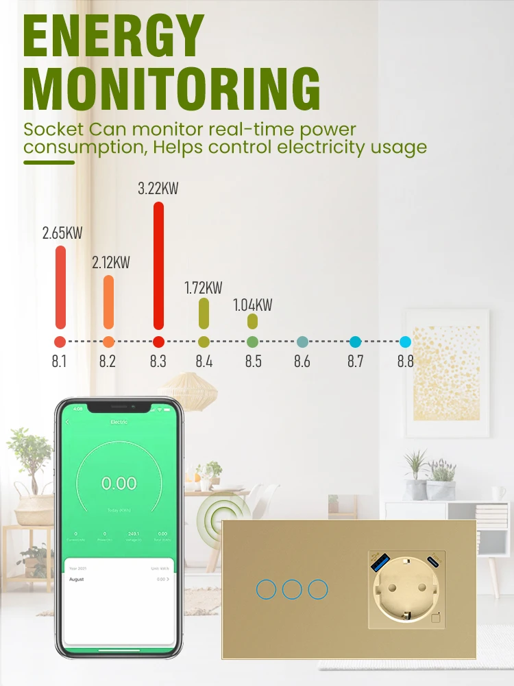 LOGEN WiFi Smart Touch Light Switch Smart Socket Glass Panel Energy Monitoring Switch Timer Schedule Tuya Need Neutral Wire 1Way