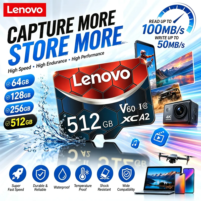 Lenovo High-Speed Micro TF SD Card 512GB 64GB 128GB Memory Card TF Cards SD Cards V60 for Camera/Desktop/Gaming Console