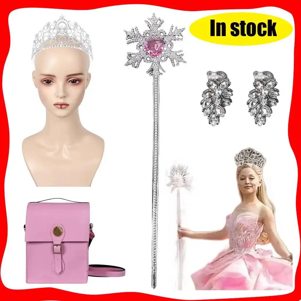 Glinda Wicked Cosplay Wand Diamond Crown Earrings Bags Costume Accessories Props for Women Disguise Fantasy Halloween Carnival