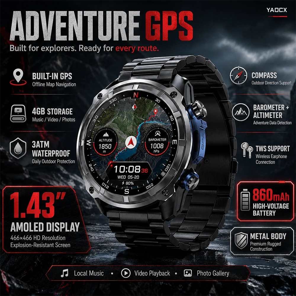 2026 New Outdoor Precise GPS Map GNSS Smart Watch Men 3ATM Waterproof 860mAh Battery 100+Sport Mode Bluetooth Call Smartwatch