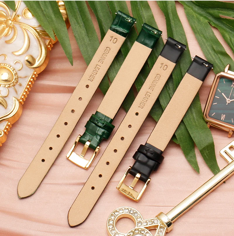 أربطة ساعات جلد أصلية للنساء ، لولا ذهبي وردي ، ستانلس ستيل ، المفاجئة المزدوجة ، سوار أخضر ، حجم صغير ، 10 مللي متر