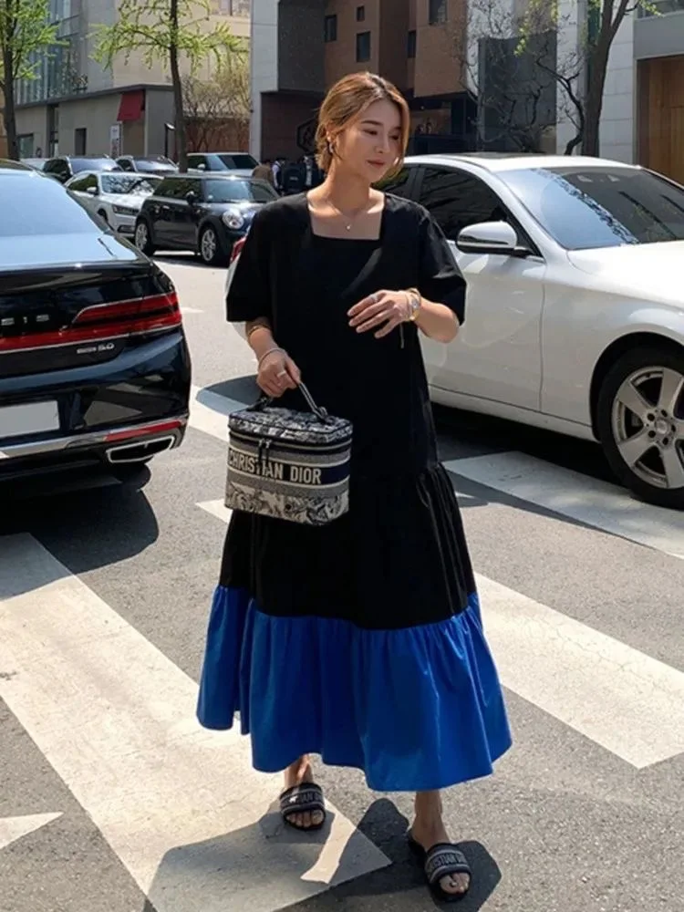 T-shirt grande taille Dr été, ample, couvrant le ventre, amincissant, décontracté, queue de Fi, jupe longue, col carré, ourlet à volants, coréen