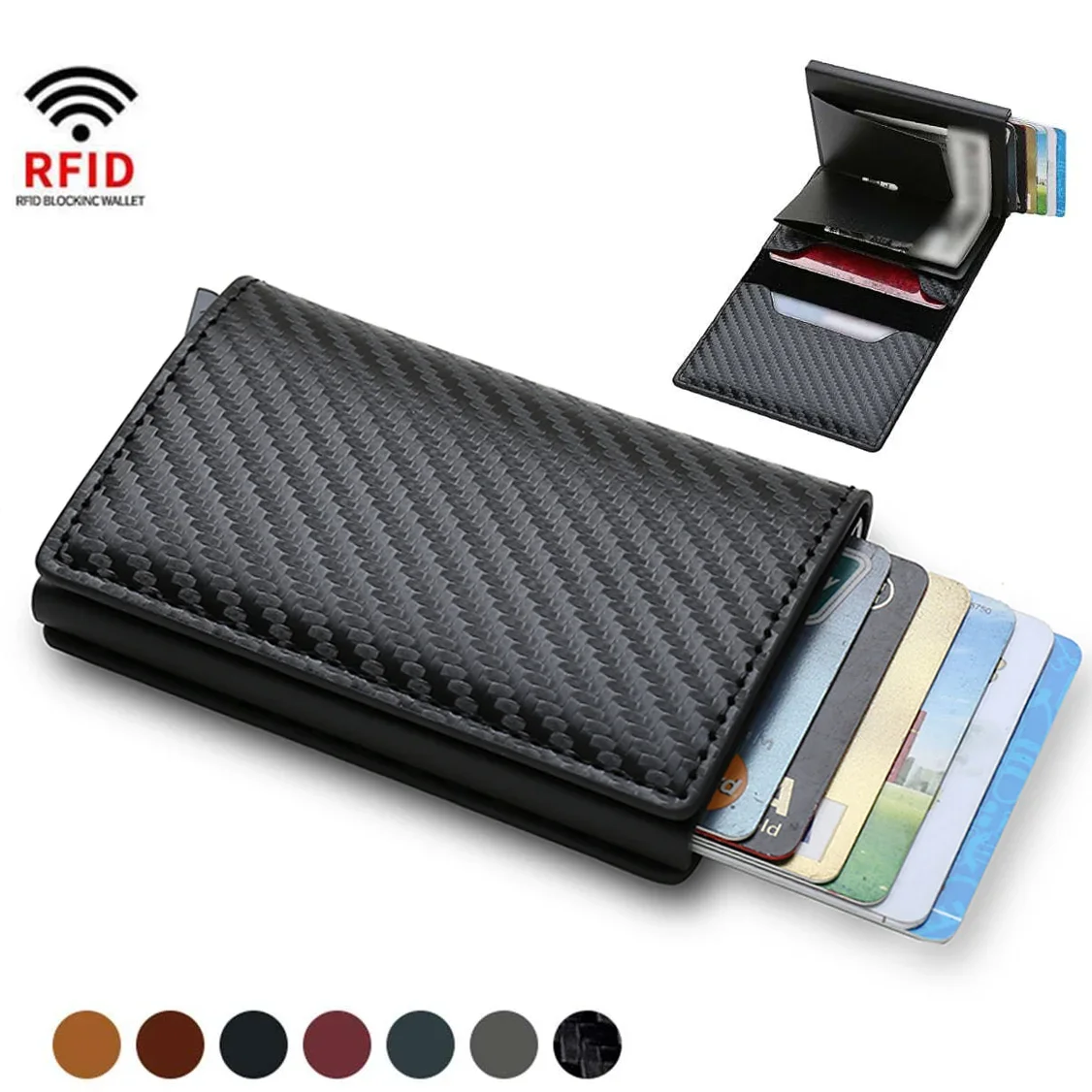 

Carbon Fiber Slim Aluminum Men Wallet ID Credit Card Holder Mini RFID Wallet Automatic Pop up Bank Card Case Black Vallet 2023