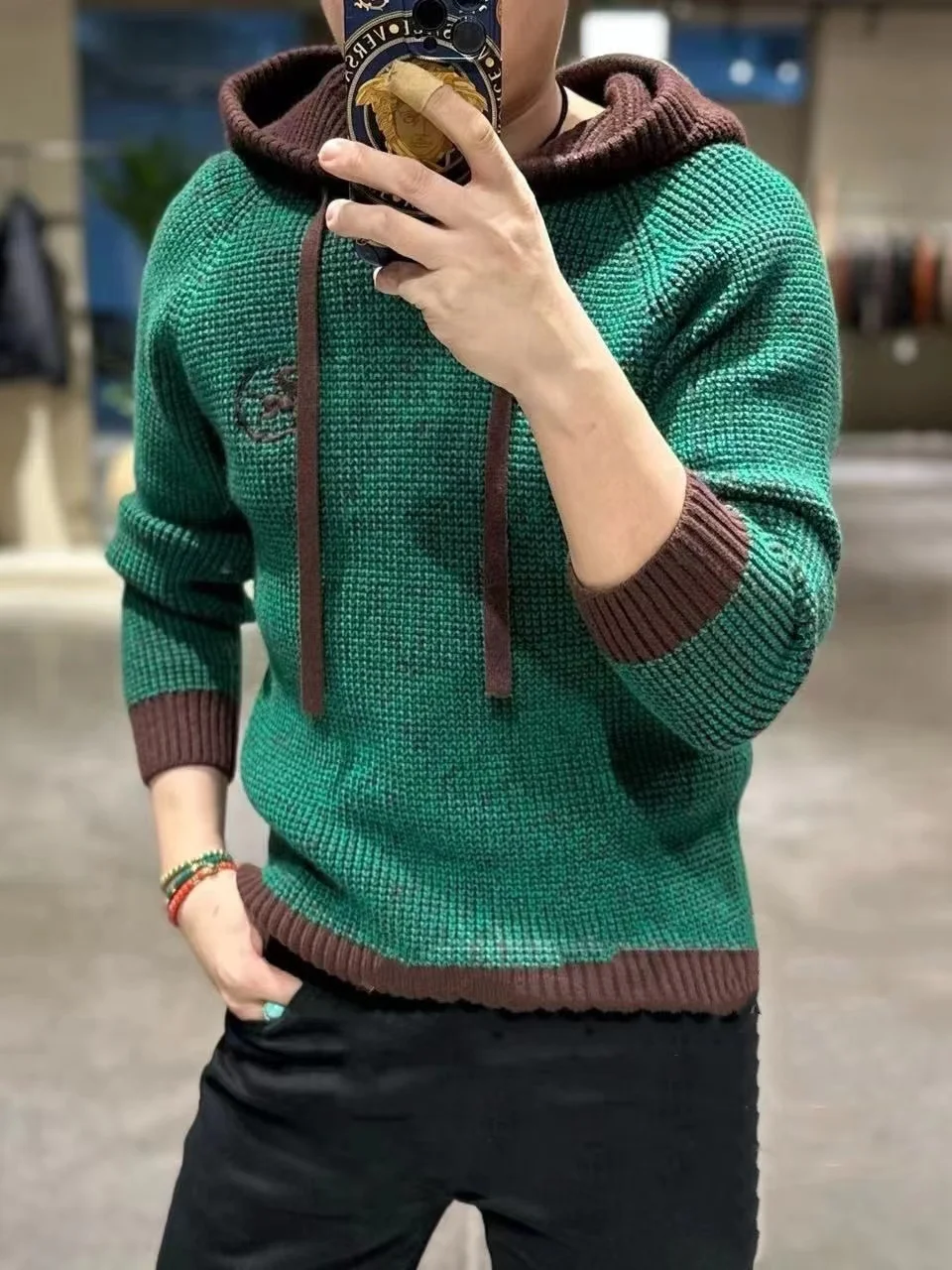 

Casual Men's Long Sve Hoodie Patchwork Knitted Sweater Warm Breathable Polyester Fiber Youth Daily Wear Winter Collection