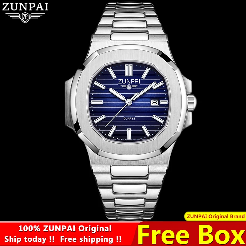 ZUNPAI Original Men\'s Watch Waterproof Stainless Steel Quartz Calendar Luminous Watch for Men Fashion Business Wristwatch