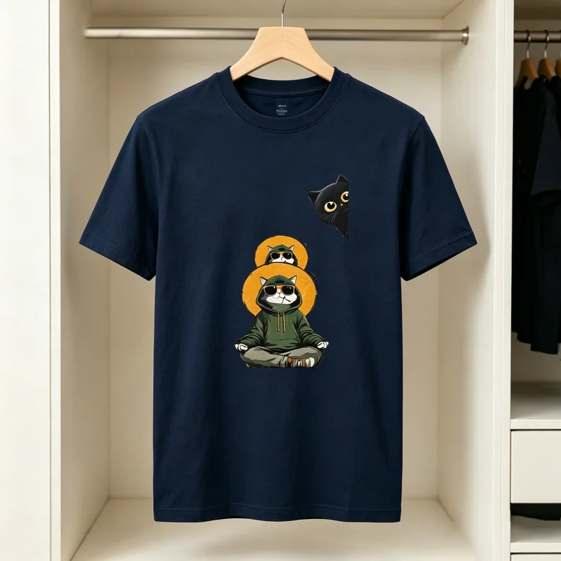 Funny Meditating Peeking Black Cat Graphic T Shirt Unisex Men Women Cotton Short Sleeve Tee Streetwear Casual Birthday Gift