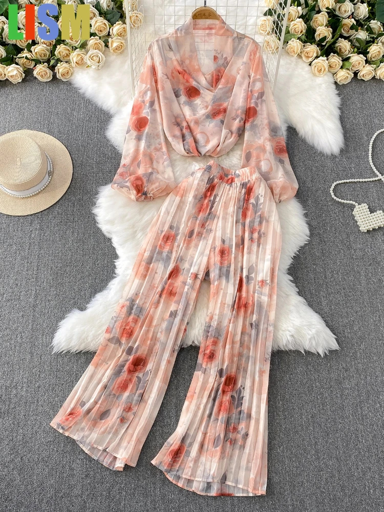 

LISM pant sets Women Summer Loose 2PC Sets Floral Print Chiffon Suits Long Sleeves Swinging Neck Tops+Wide Legs Pleated Pants