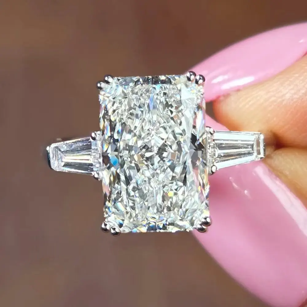 GRA Certified 4carat All Moissanite Engagement Rings for Women Radiant/Tapered Baguette Cut 3-Diamond Wedding Band S925 Silver