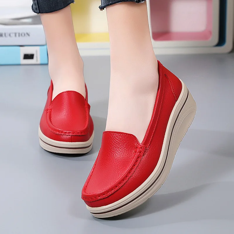 Genuine Leather Women\'s Casual Shoes Spring Autumn Women Flats Platform Loafers Comfort Slip on Wedge Moccasins Zapatos De Mujer