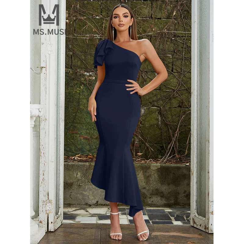 

MSMUSI 2024 New Fashion Women Sexy Solid One Shoulder Falbala Ruffles Draped Fold Sleeveless Bodycon Party Club Event Midi Dress