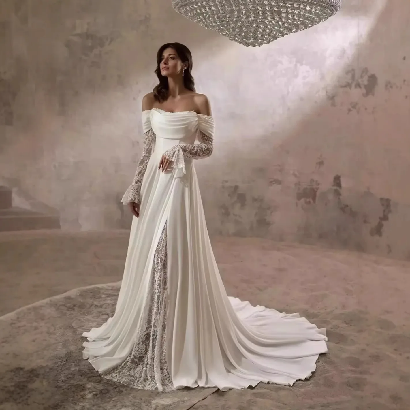 Romantic White Chiffon Beading Pearls Light Wedding Dress Pleat Draped Off Shoulder Lace Sleeves with Slit Beach Wedding Custom