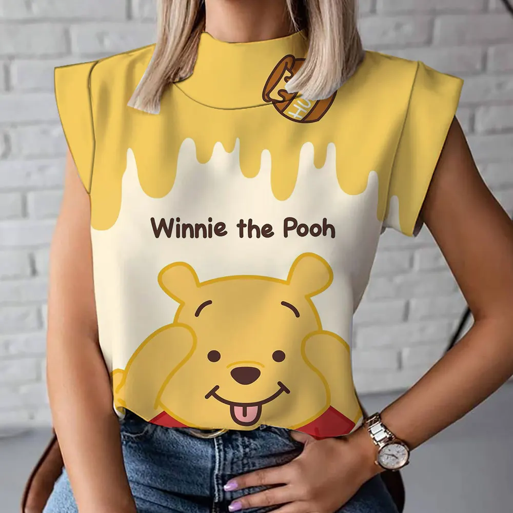 New Harajuku bottoming shirt casual and versatile cute Winnie the Pooh cartoon print summer women\'s high collar T-shirt vest