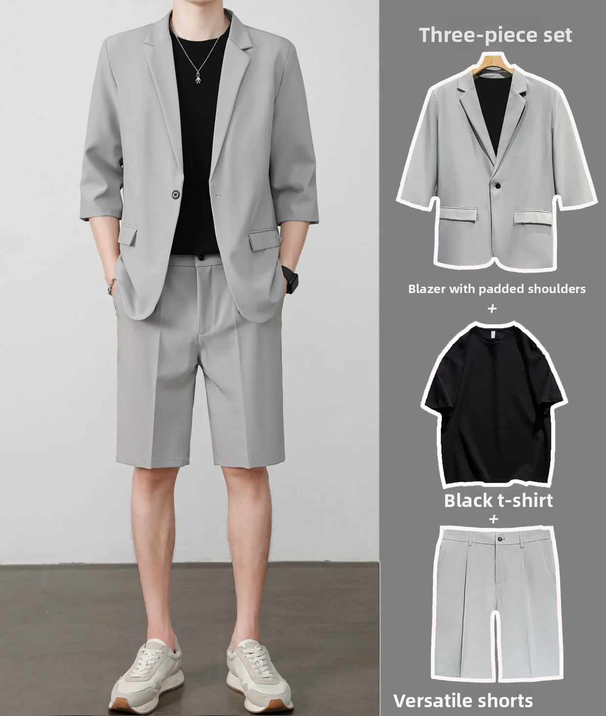 Light gray suit + black short t + shorts