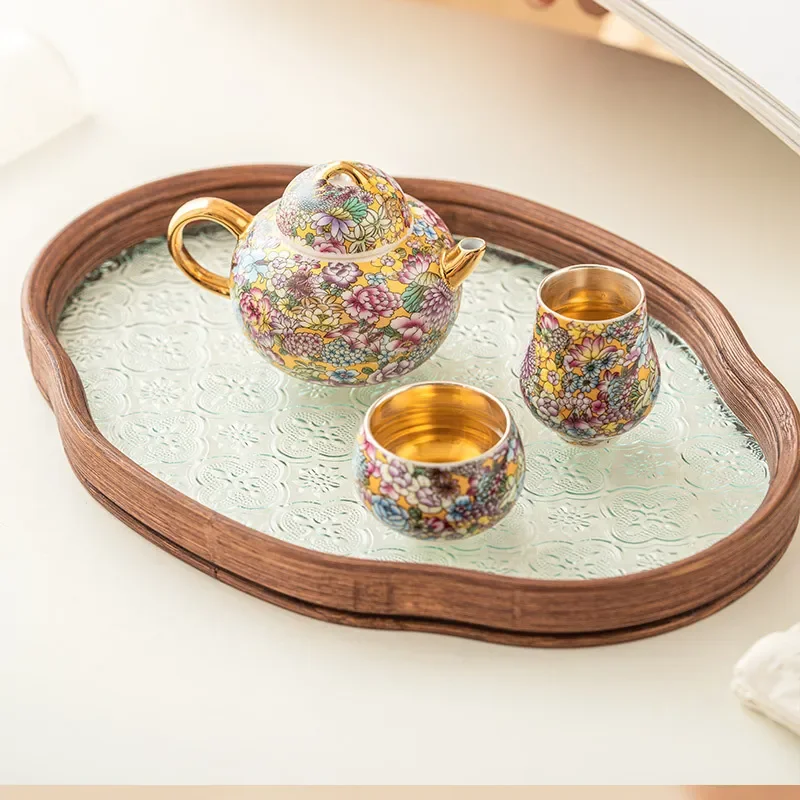 Wanhua Fulu Gilt Kung Fu Tea Set Light Luxury One Pot Two Cups with Tray Household Brewing Teapot Cup High End Gift Elegant