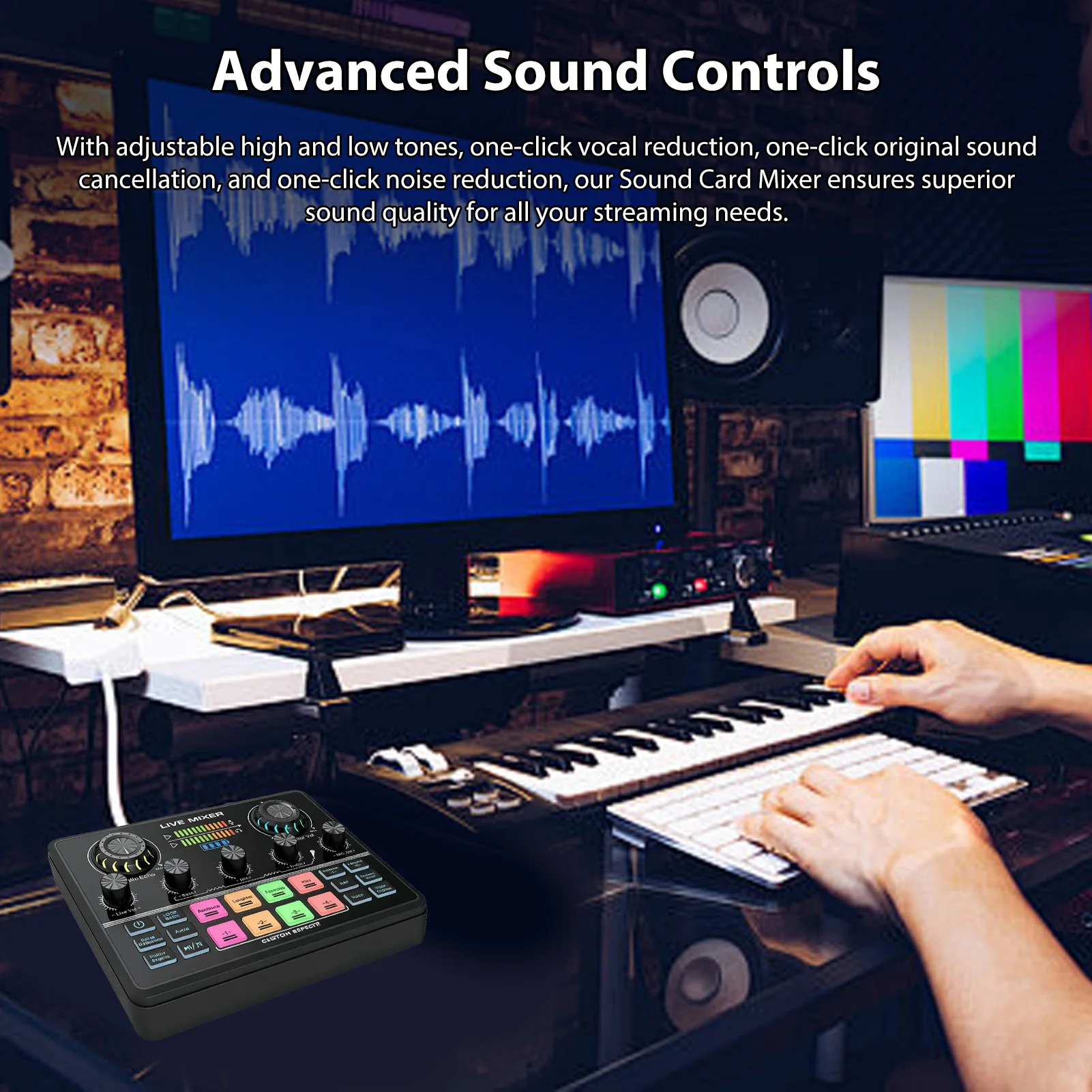 Live Streaming Sound Mixer Sound Card Rechargeable Plug and Play Adjustable Bass Treble Noise Reduction Colorful Indicator Light
