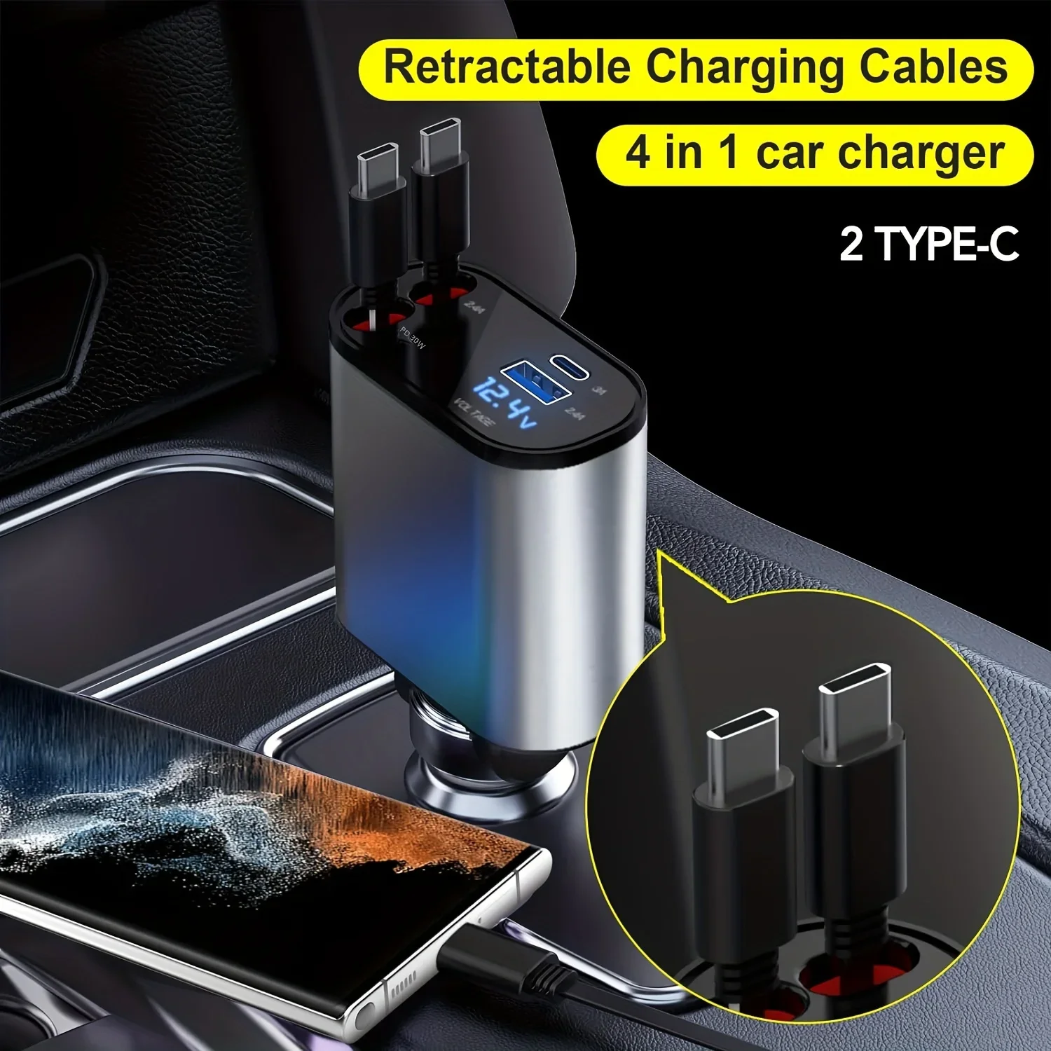 Car Charger 4 In 1 With Dual Retractable Cable Dual Port USB C PD Fast Charging Car Plug Adapter With Voltage Display