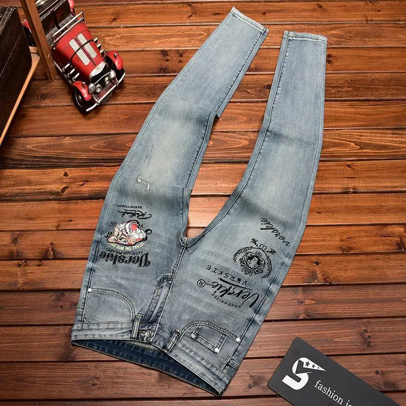 

High-end Men's Slim Fit Stretch Printed Fashionable Stylish Jeans 2025 Spring and Summer Long Pants