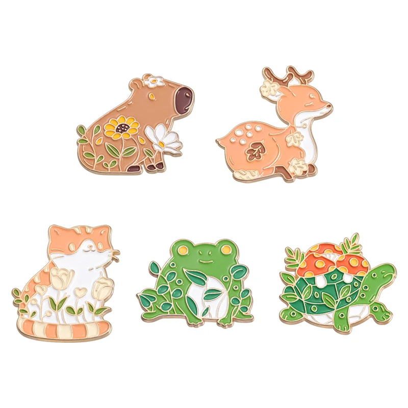 

Cartoon Capybara Deer Turtle Cat Enamel Pins Cute Frog Animals Plant Collected Brooches Lapel Badges Jewelry Gift for Friends