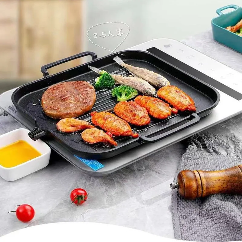 Korean Barbecue Grill Pan Indoor Outdoor Smokeless Cast Aluminum Cooking Skillet Nonstick Plate with Pour, for Gas and Induction
