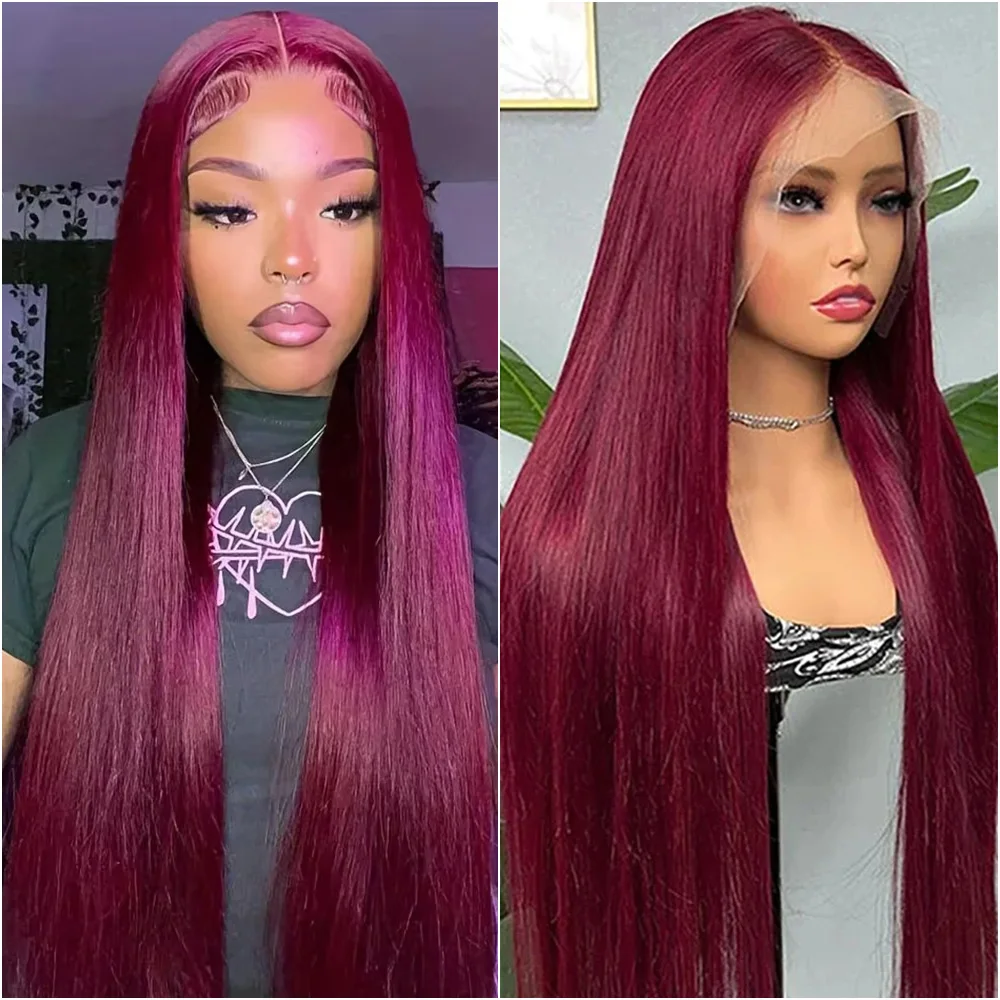 

200 Density Burgundy Straight 13x6 HD Lace Frontal Human Hair Wig 13x4 Lace Front Wigs 99J Colored PrePlucked For Women
