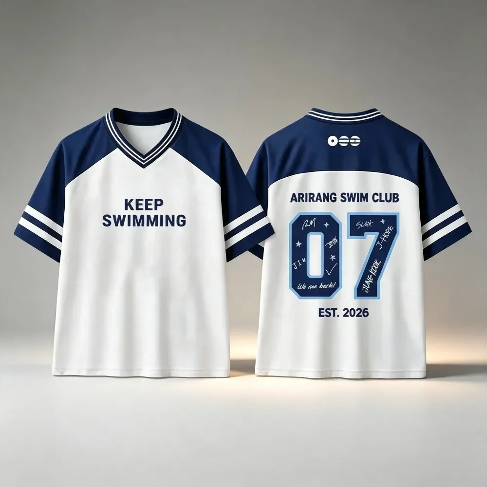 Arirang Swim Club Keep Swimming Graphic V Neck T Shirt Retro Sports Short Sleeve Casual Jersey Top