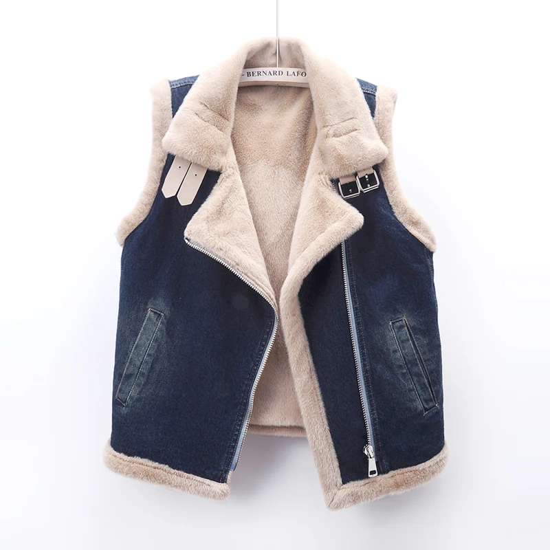 

Winter Women Warm Faux Lambswool Liner Denim Vest Light Blue Dark Blue Loose Lapel Single Breasted Sleeveless Cowboy Waistcoat