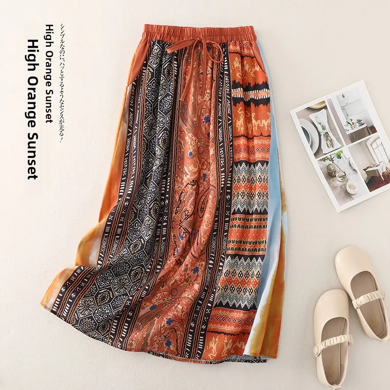 

Retro Ethnic Sle Floral Print Flax f Skirt Women's Summer New Elastic Waist Belted A-Line Wide Hem Double Layer Long Skirt