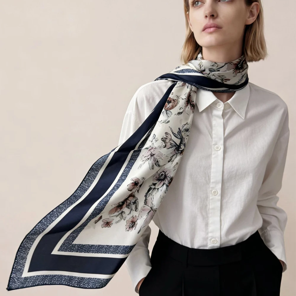 

[BYSIFA] Blue White Women 100% Silk Scarf Shawl Fall Winter New Floral Design Square Scarves for Hair Hijabs For Winter Bufandas