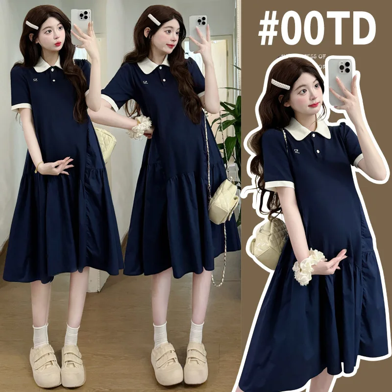 

Maternity Dress Summer 2026 Versatile Minimalist Preppy Style Casual Short Sleeve Polo Neck A Line for Pregnant Women