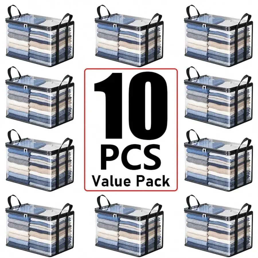 10pcs Clear PVC Storage Bags, Multifunctional Foldable Closet Organizer With Sturdy Handles & Zippers For Clothes, Blankets, Books, And Home Organization