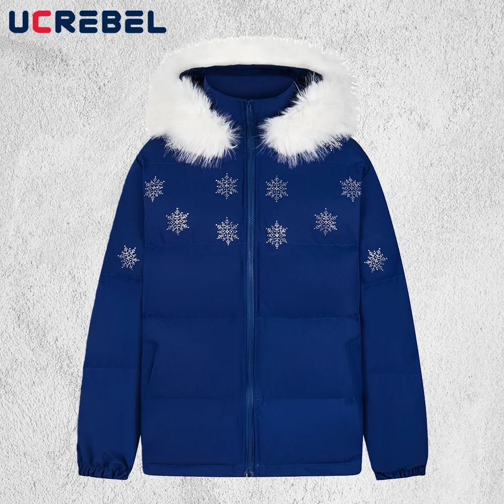 

Rhinestone Hooded Bread Jacket Mens Winter Thick High Street Loose Long Sleeve Drawstring Hem Padded Jacket Man