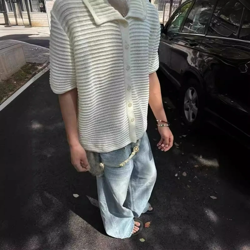 Off-white Old Money Wind Cleanfit Shirt Men's Summer Hollow Knitted Short-sleeved Cardigan High-end Trendy Jacket Individuality