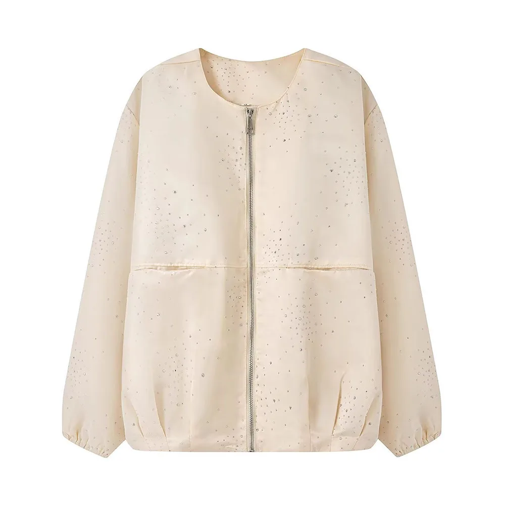 

Bright Diamond Design Beige Women Coat O-Neck Collar Zipper Long Sleeve Top Casual Style Daily Fashion Outerwear For Ladies