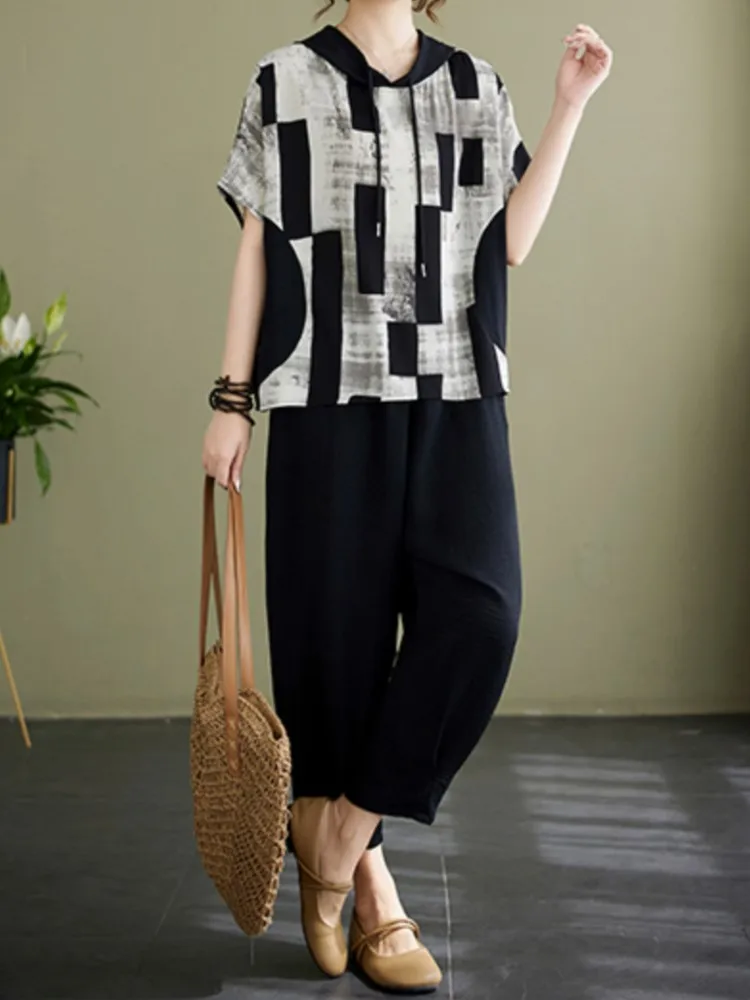 여름 투피스 세트 여성 후드 스트라이프 티셔츠 캐주얼 여성 상의 탄력있는 하이웨이스트 패션 여성 와이드 레그 팬츠