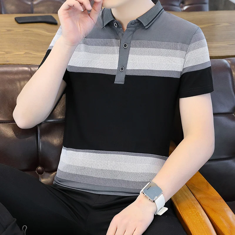 Casual 2023 Summer Men's Cotton Polos Shirts Classic Business Short Sleeve Punk Striped Polo Outwear Slim Fit Tops Tees Clothing