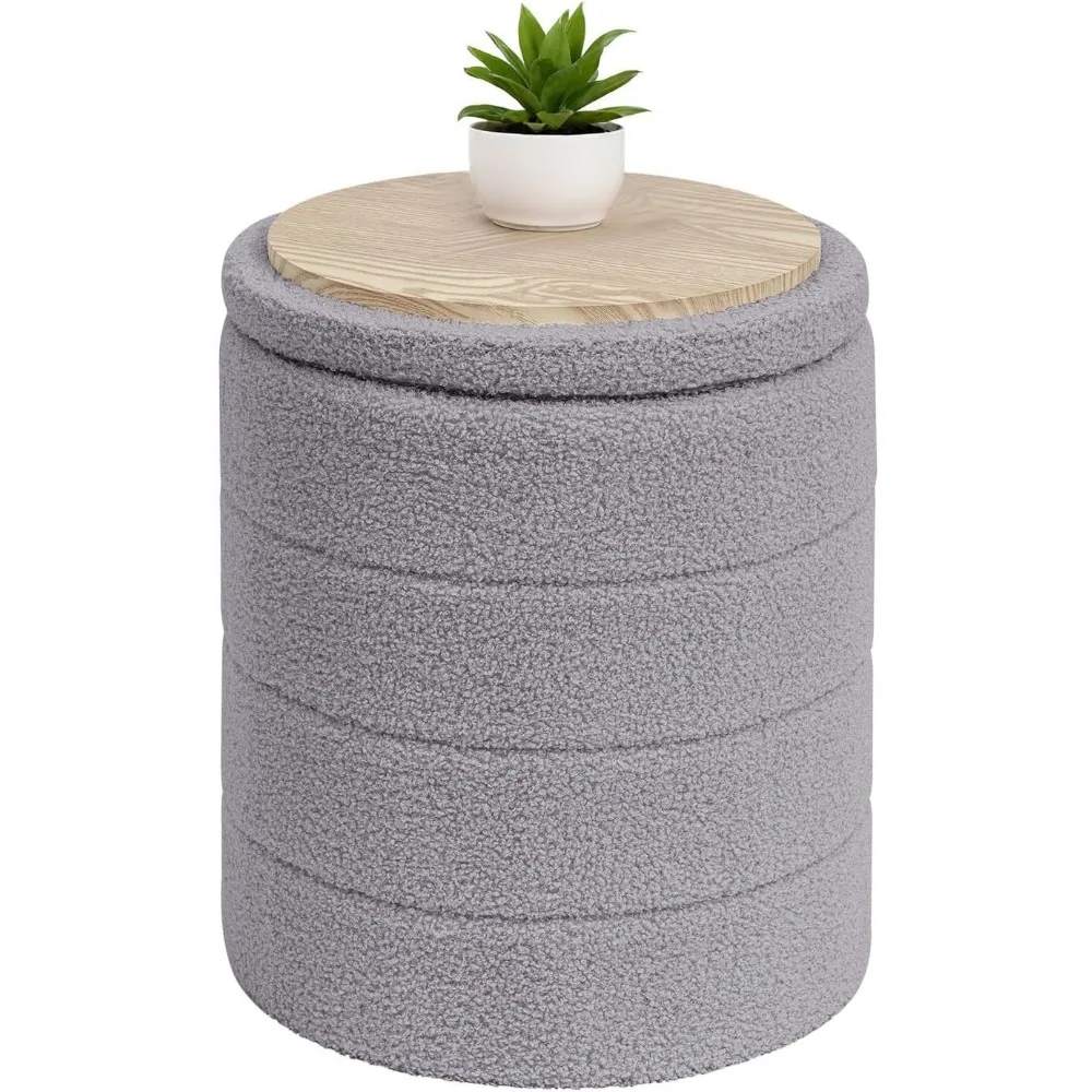 

B FSOBEIIALEO Ottoman with Stroage, Round Sherpa Storage Ottoman Stool, Boucle Foot Rest 14.6x14.6x17.7（Grey