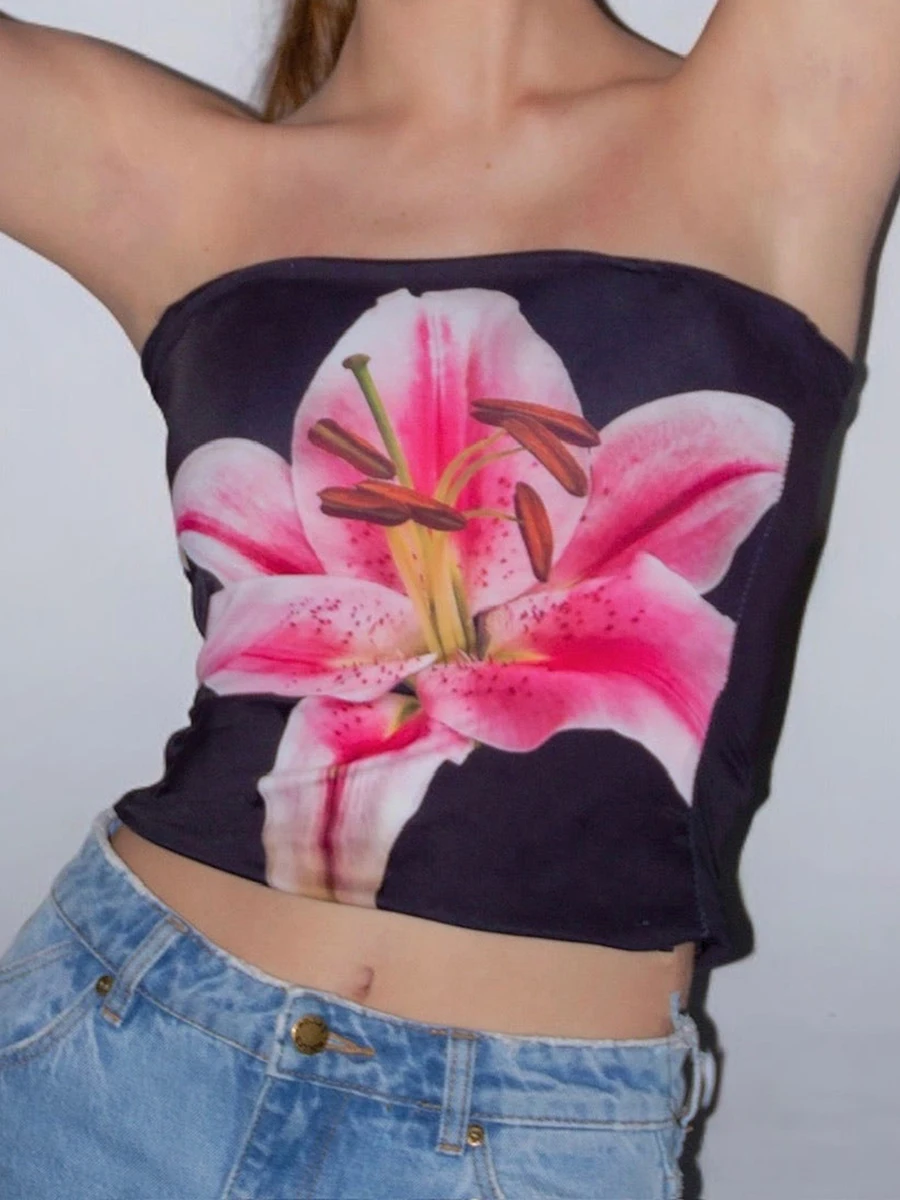 Dames Y2k Vintage Tube Tops Bloemenprint Boothals Slim Fit Backless Strapless Mouwloze zomertanktops