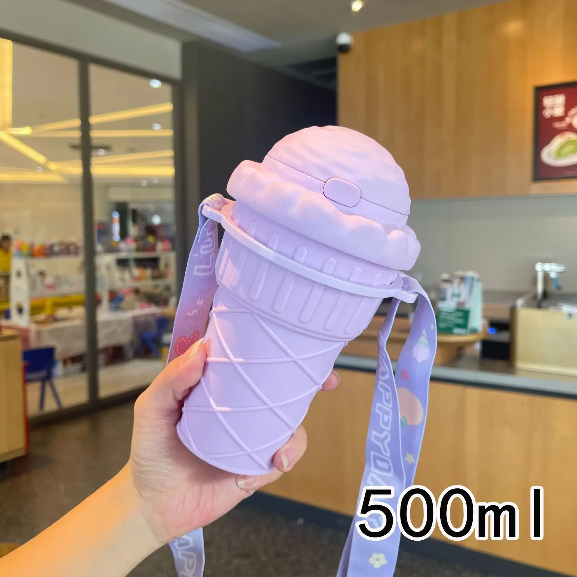 500ML Ice Cream Shape Drinking Water Bottle Drinking Straws Plastic for Adult Kids Cute Water Cup with Straw Rope Drinking Jug