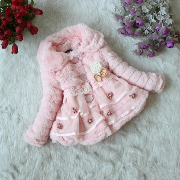 Children Fur Coat 2-9Yrs Girls cotton-padded Jacket Winter Baby Girl Coat Pearl Pendant Girls Clothes Baby Kids Outwear Clothing