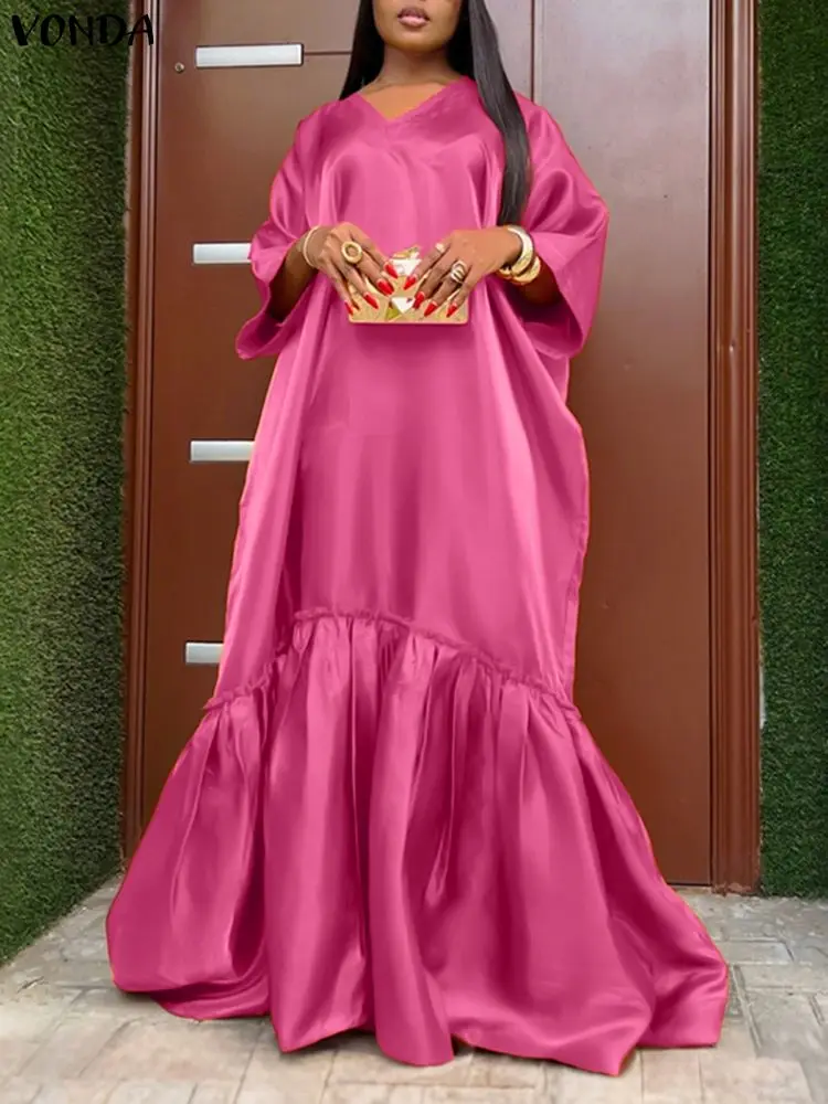 

Модное платье больших размеров, женский элегантный атласный халат с v-образным вырезом, вечерние, длинные платья, повседневный свободный сарафан с рюшами VONDA 2025