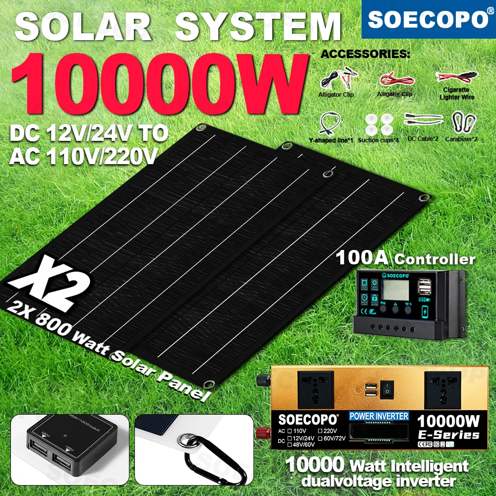 

2x800W Portable Panels SOECOPO 10000W Solar System Set Dual Voltage Inverter 2 Sockets 100A Controller Home And Camping Complete